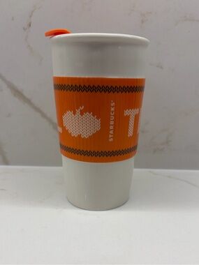 New Starbucks Team Pumpkin Spice Lattee PSL Orange Knit Pattern Ceramic Mug Lid